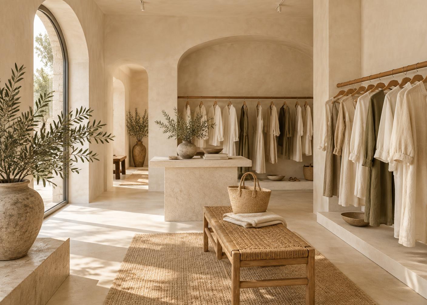 Interior de la boutique Elia Varela con paredes de cal y prendas de lino